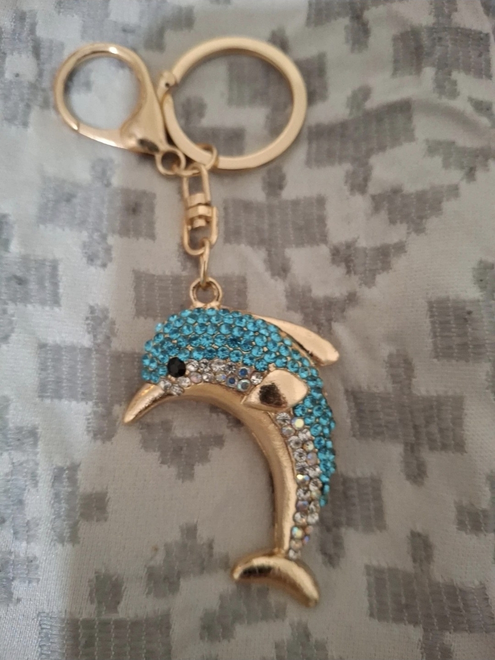 Gold Dolphin Bag Charm Keychain with Turquoise Crystal Accents